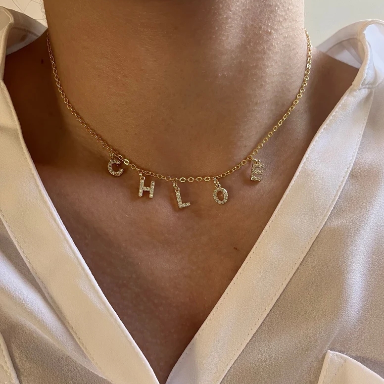 Personalized CZ Stone Letter Nameplate Pendant Necklace 