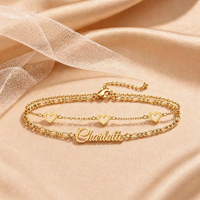 Custom Double Layer Name Bracelet with Hearts Gold Plated Bracelet