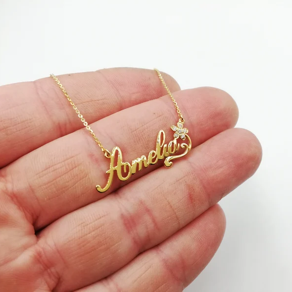 Personalized Name Neckalce Gold Plated Necklace with Diamond Flower