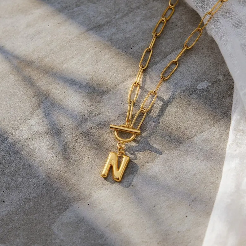 Personalized Initial Letter Necklace With Paper Clip Chain
