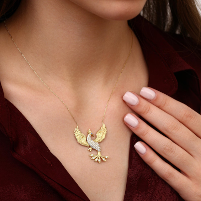 14K Gold Plated Phoenix Necklace with CZ Stones For Her