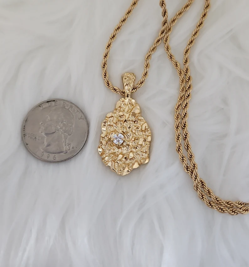 14k Gold Plated Nugget Vintage Charm Pendant CZ Stone Necklace 