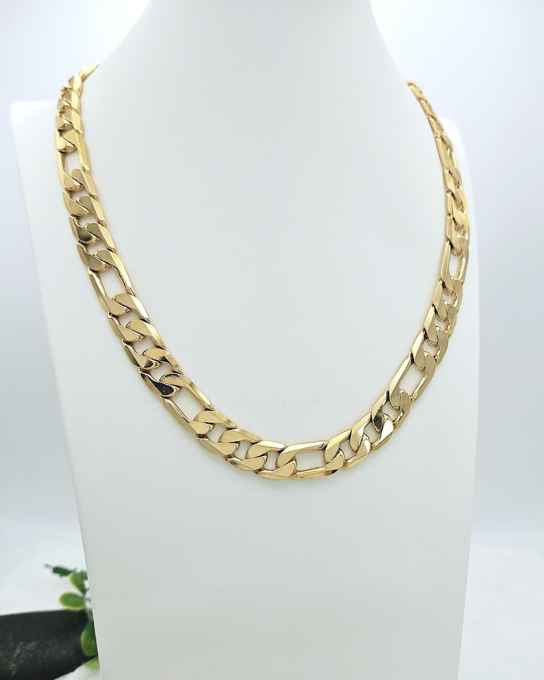 14k Gold Plated Large 12mm Flat Figaro Chain Necklace