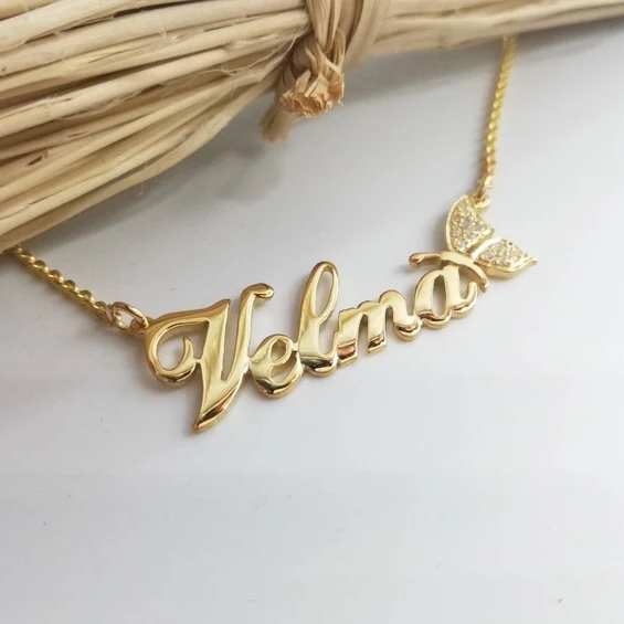 Butterfly Nameplate Custom Gold Plated Name Necklace