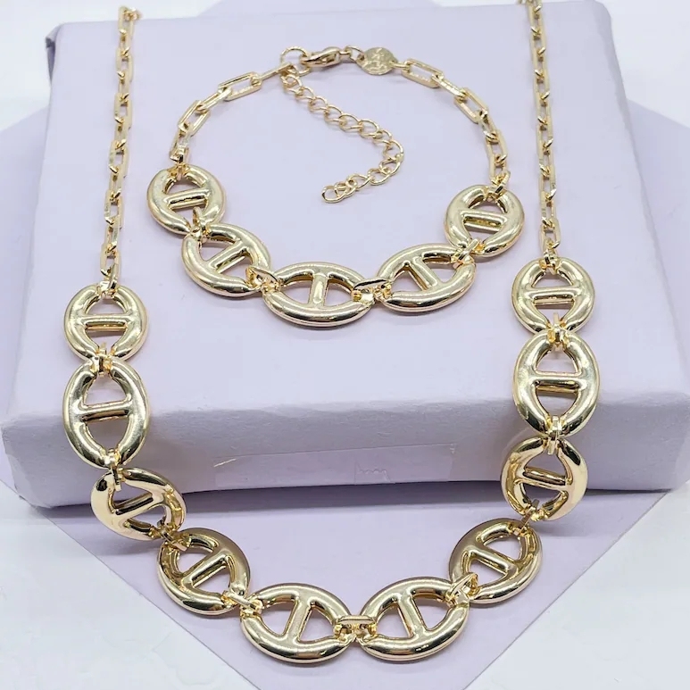 Puffy Mariner Link Chain Set Necklace and Bracelet