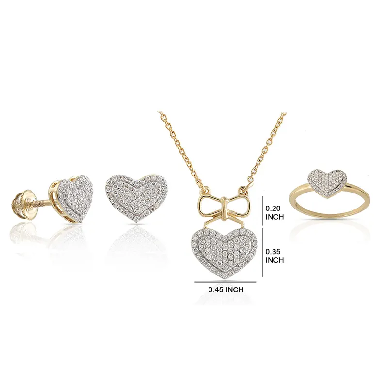 Shiny Bling CZ Stone White Gold Heart Pendant Set Necklace Ring And Stud Earrings