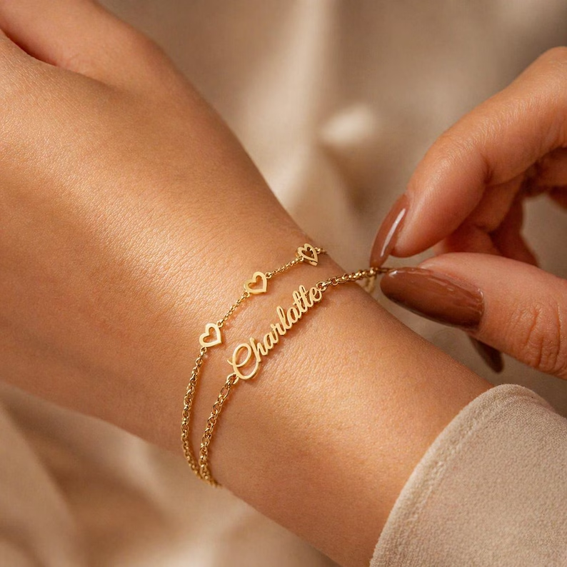 Custom Double Layer Name Bracelet with Hearts Gold Plated Bracelet