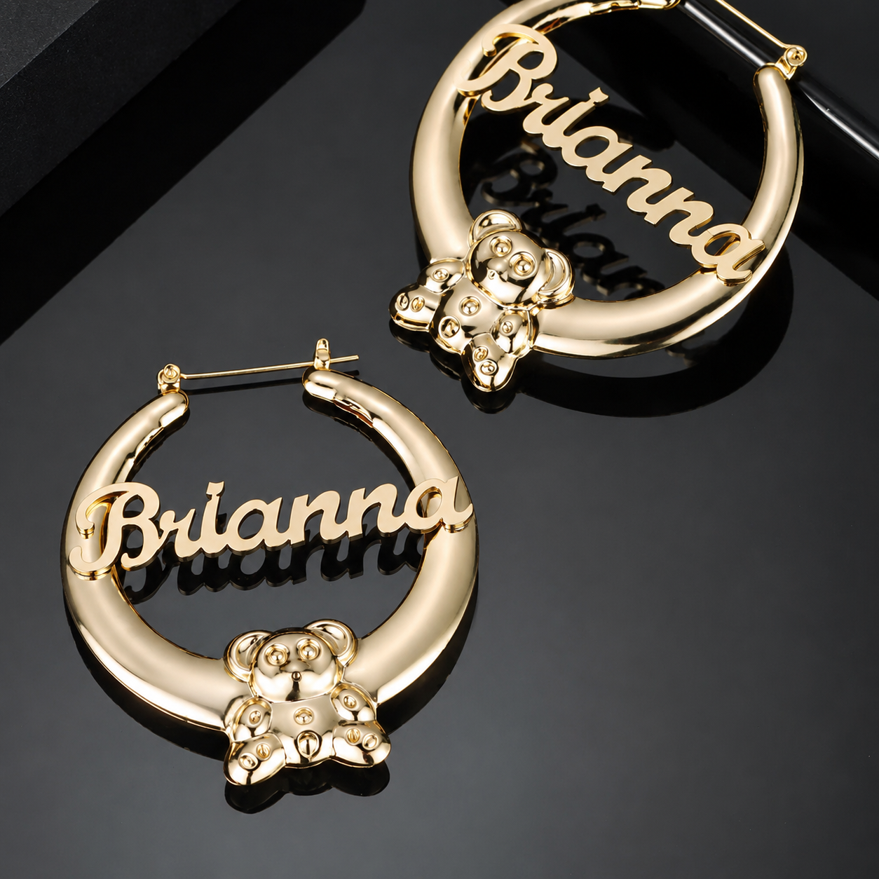 Teddy Bear Name Earrings Personalised Custom Gold Plated Name Hoop Earrings 