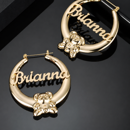 Teddy Bear Name Earrings Personalised Custom Gold Plated Name Hoop Earrings 