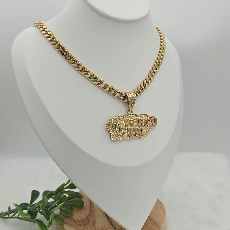 Gold Plated Puerto Rico Pendant Necklace Cuban Link Chain Necklace