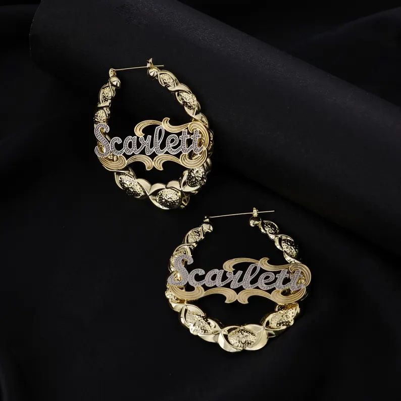 Personalized Custom Two Tone Name Earrings XO Bamboo Earrings