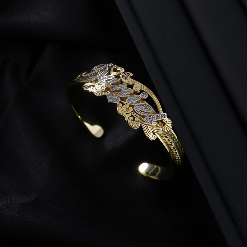 Two Tone Nameplate Bangle Personalized Custom Gold Plated Name Bracelet