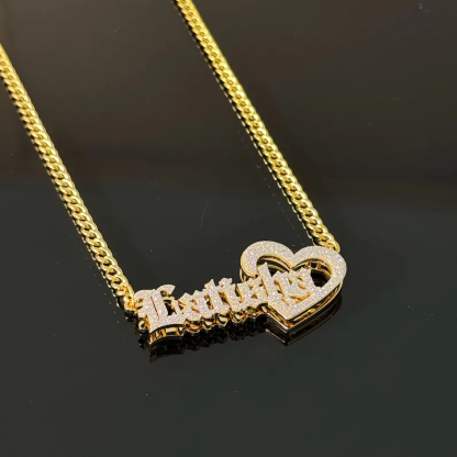 Old English Personalized Heart Name Necklace and Stud Name Earrings Jewelry Set