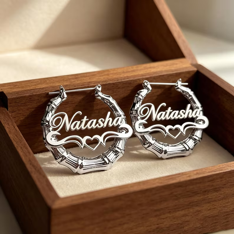 Bamboo Earrings Personalized Custom Gold Plated Name Earrings with Heart