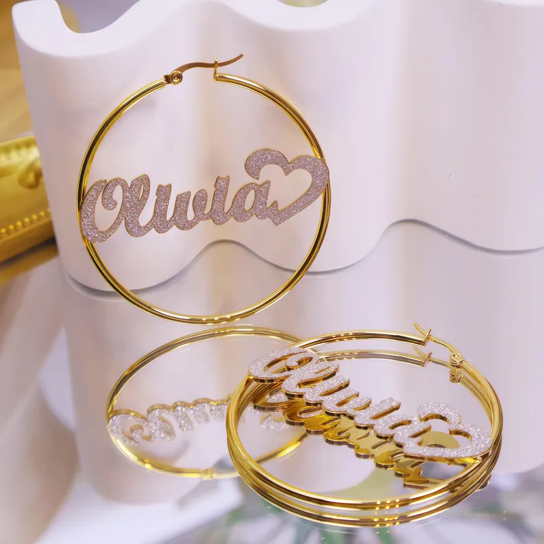 Shiny Name Hoop Earrings Personalized Gold Plated Name Earrings with Heart