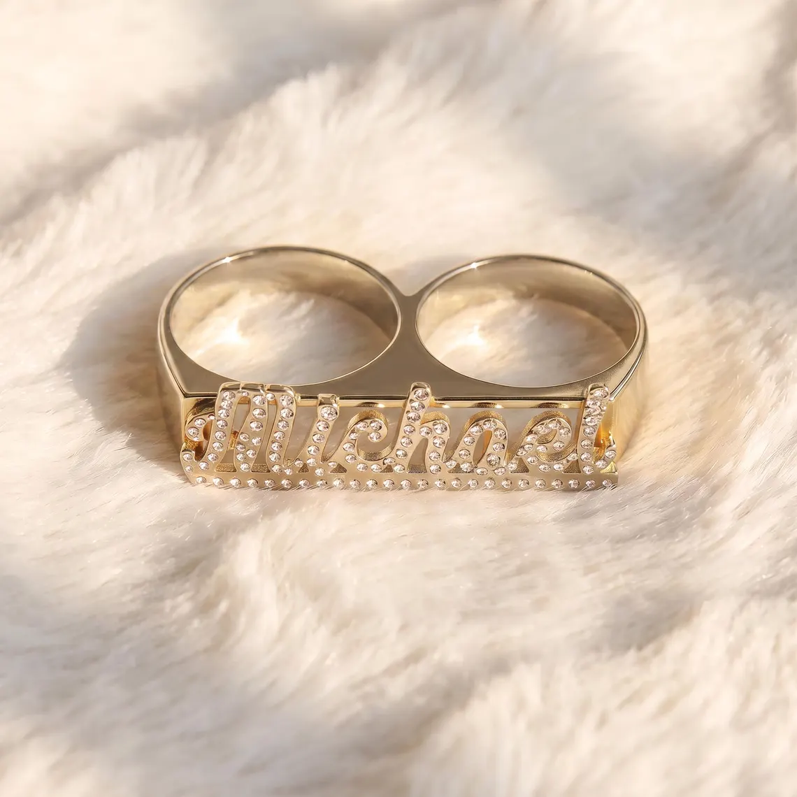 Bling Two Fingers Name Ring Personalized Gold Plated Name Ring
