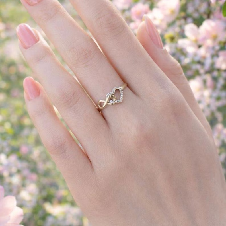 Zircon Two Hearts Ring Gold Plated Infinity Heart Ring