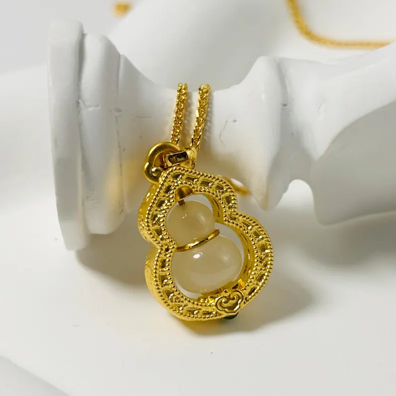 Gold Plated Gourd Pendant Vintage White Jade Pendant Necklace