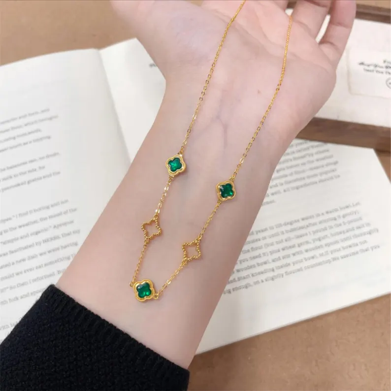 Gold Plated Four Leaves Flower Necklace Emerald Charms Necklace