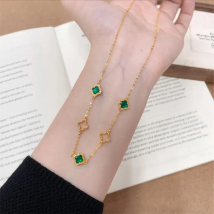 Gold Plated Four Leaves Flower Necklace Emerald Charms Necklace