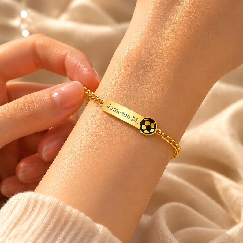  Gold Plated Custom Football Name Bracelet Engraved Bar Bracelet