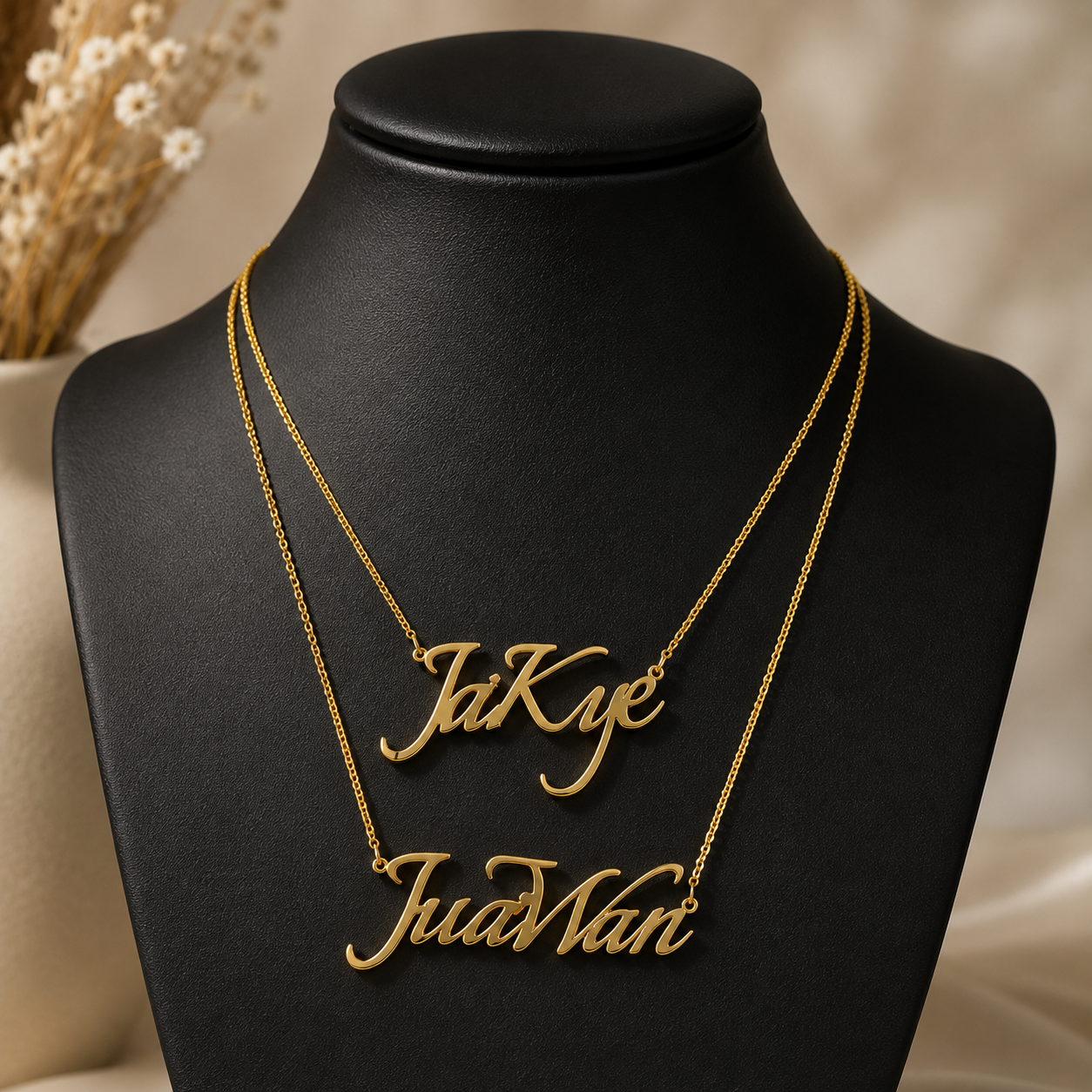 Large Custom Nameplate Pendant Necklace Gold Plated Double Layers Two Names Necklace