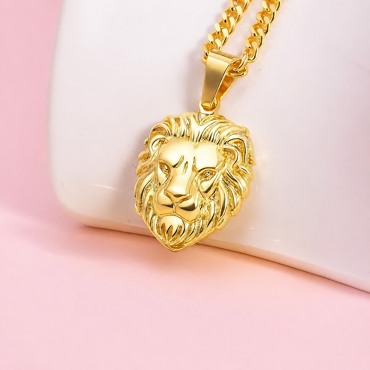 14k Gold Plated Lion Pendant Necklace Cuban Link Chain For Men