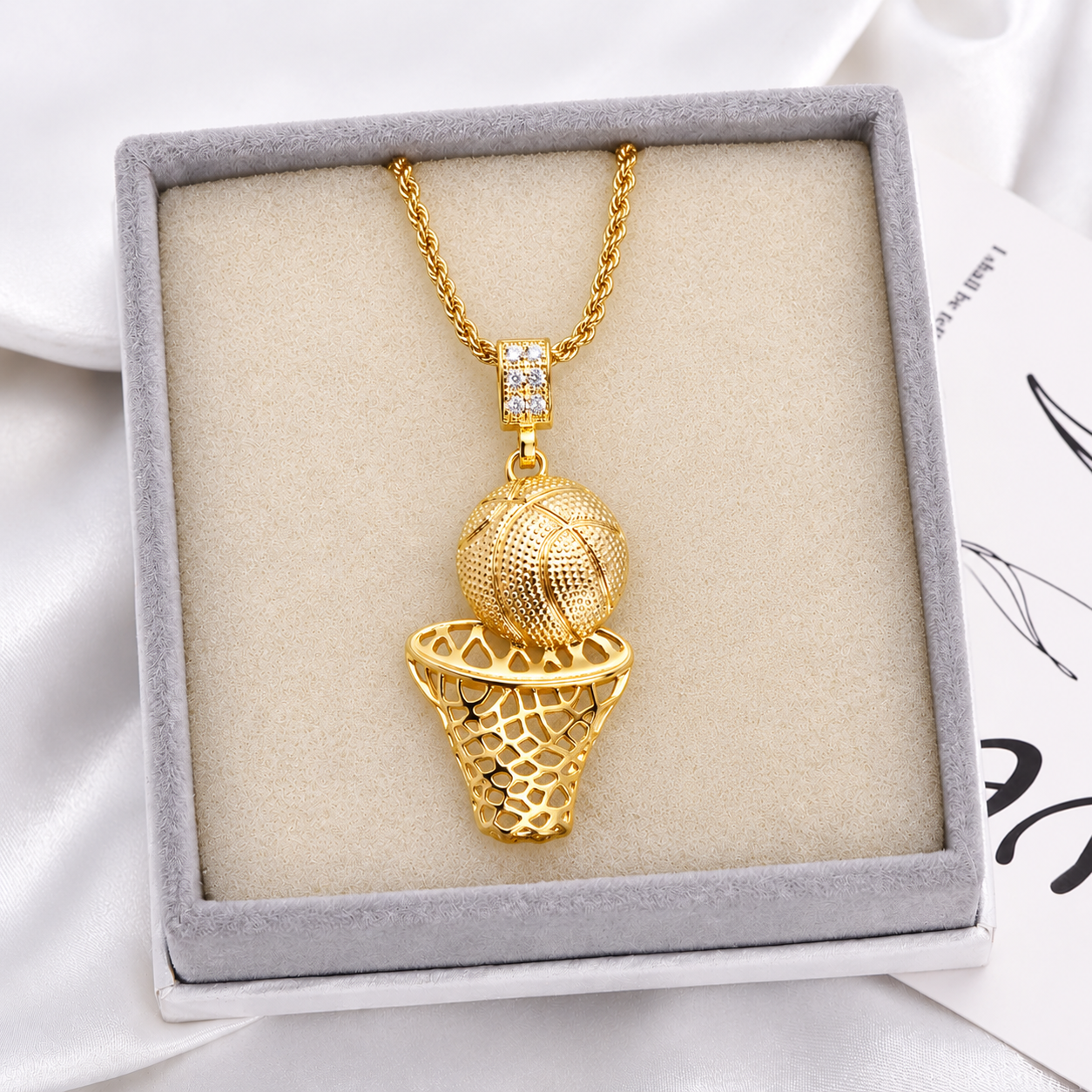 Gold Plated Basketball Pendant Necklace Basketball Hoop Pendant with Rope Chain