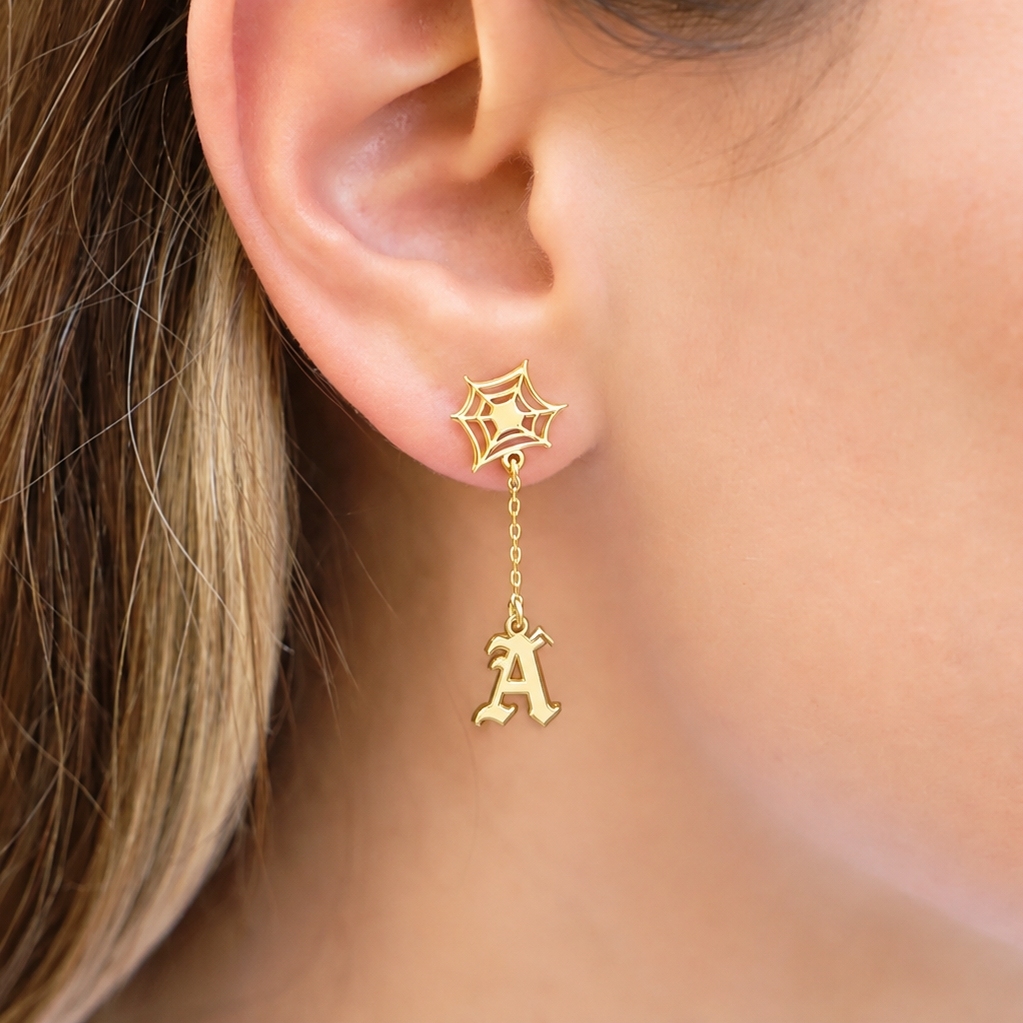 Spider Web Earrings with Personalized Initial Gold Plated Old English Letter Earring Stud Earrings