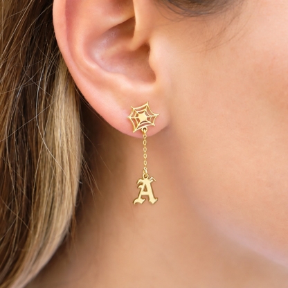 Spider Web Earrings with Personalized Initial Gold Plated Old English Letter Earring Stud Earrings