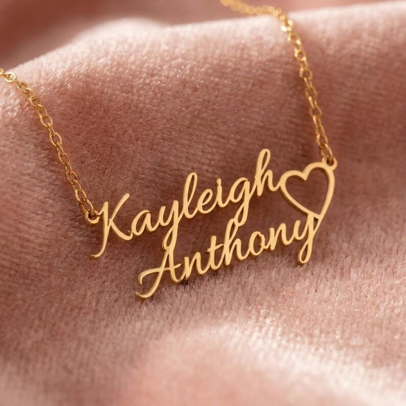 Two Name Heart Nameplate Necklace Personalized Gold Plated Name Necklace