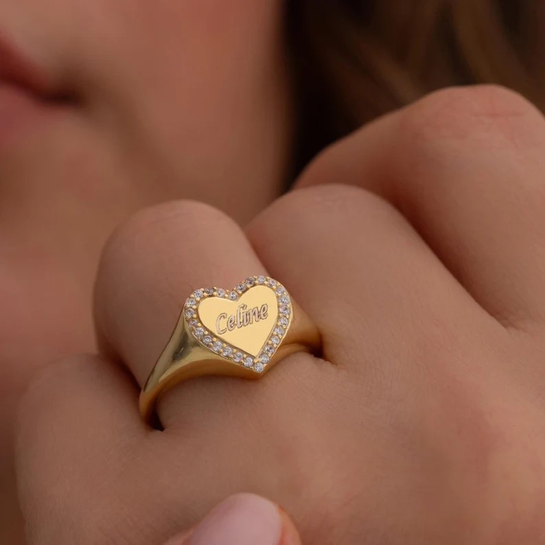 Gold Plated CZ Heart Ring Personalized Engraved Name Ring