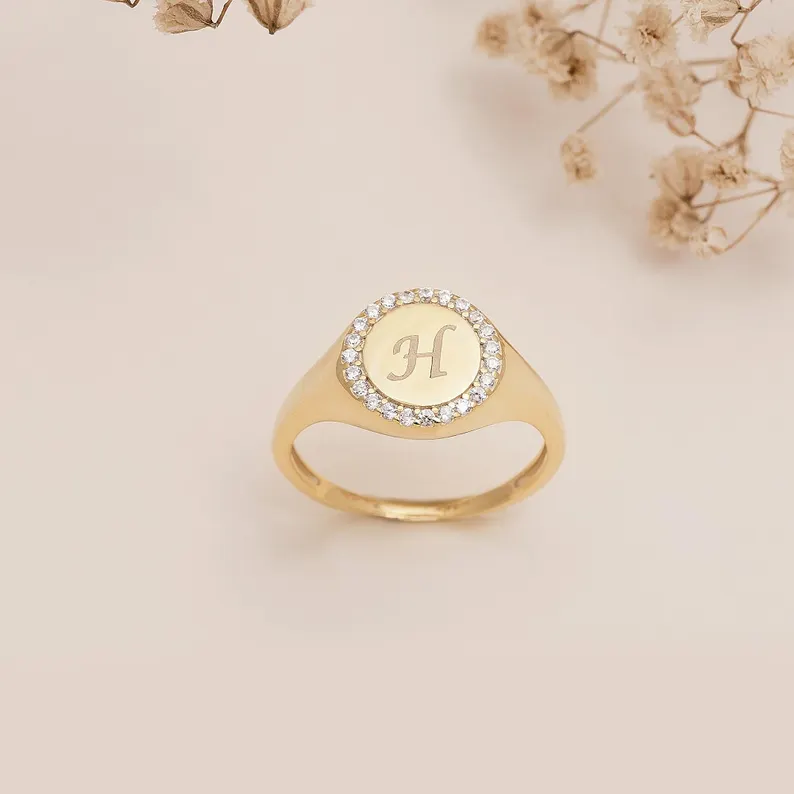 Gold Plated CZ Initial Ring Personalized Engraved Initial Ring