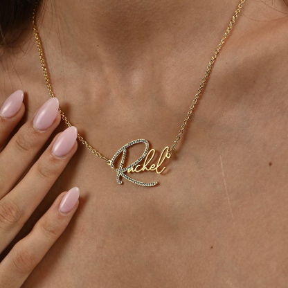 Sparkling Big Initial Letter Nameplate Necklace Personalized Gold Plated Name Necklace