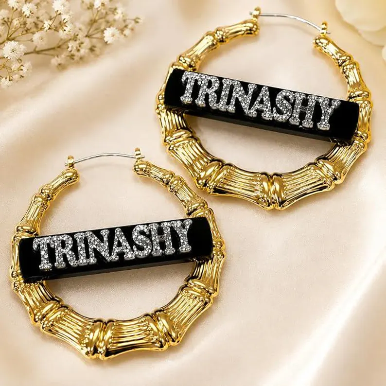 Peronalized Acrylic Black Nameplate Set Name Necklace Bracelet And Hoop Earrings