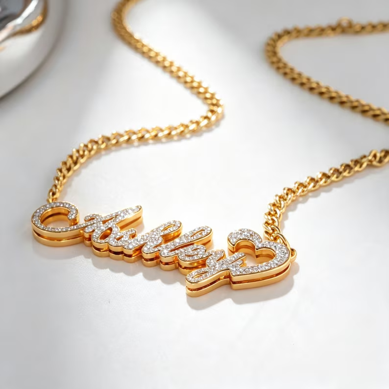 Shiny Bling Heart Nameplate set Personalized Double Plated Name Necklace and Bamboo Hoop Name Earrings Jewelry Set