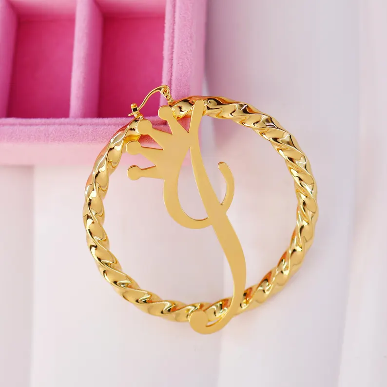 Personalized Crown Initial Earrings Gold Plated Twist Hoop Earrings 
