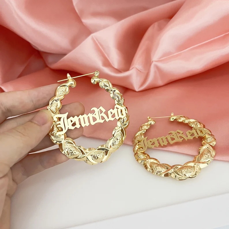 Personalized Old English Font Nameplate Earrings Gold Plated XO Bamboo Hoop Earrings 