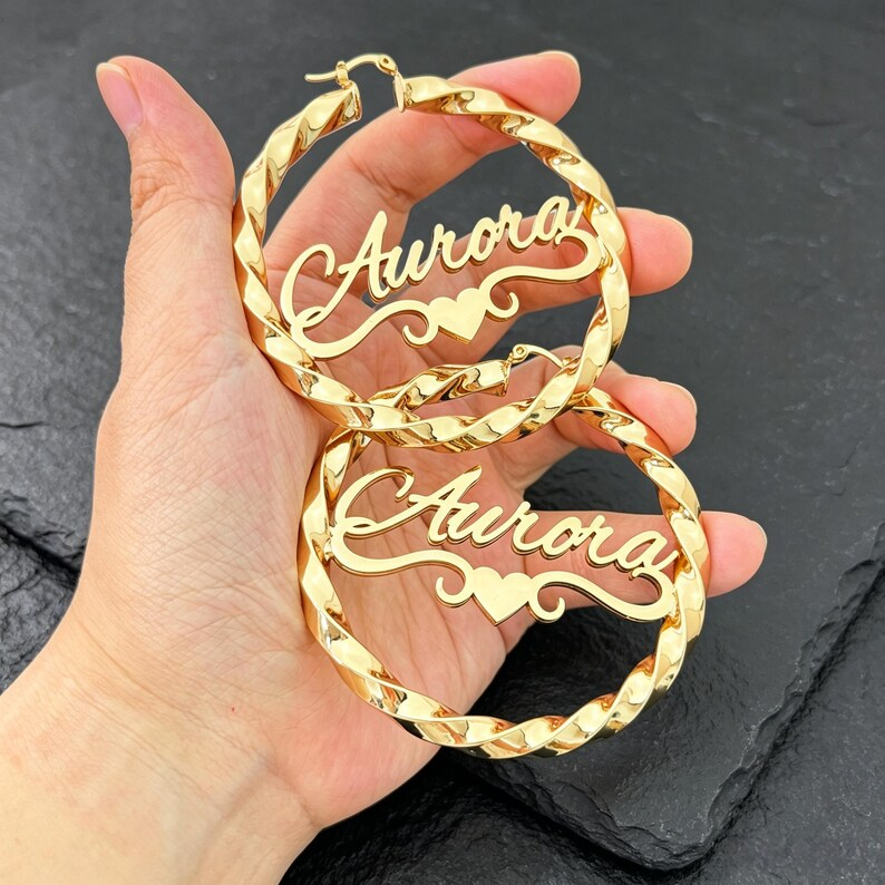 70mm Heart Nameplate Earrings Gold Plated Personalized Twist Hoop Name Earrings 