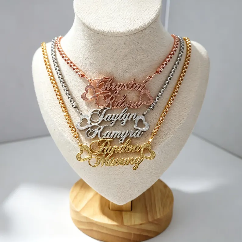 Shiny Bling Two Names Heart Nameplate Necklace Personalized Name Necklace with Tennis Chain