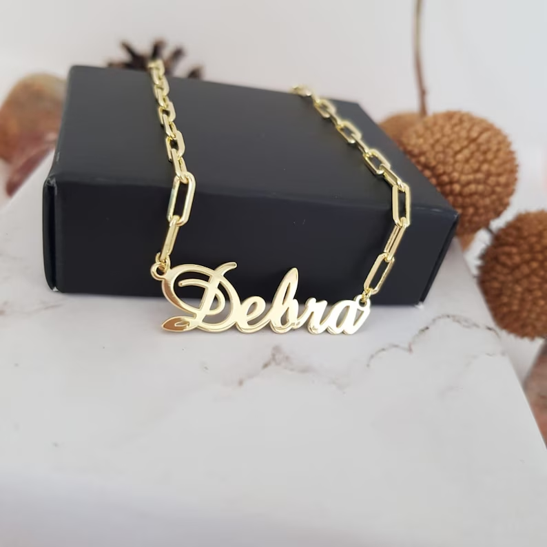 Gold Plated Name Necklace With Paper Clip Chain Personalized Name Necklace