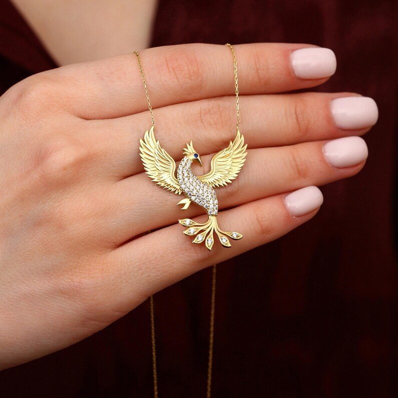 14K Gold Plated Phoenix Necklace with CZ Stones For Her