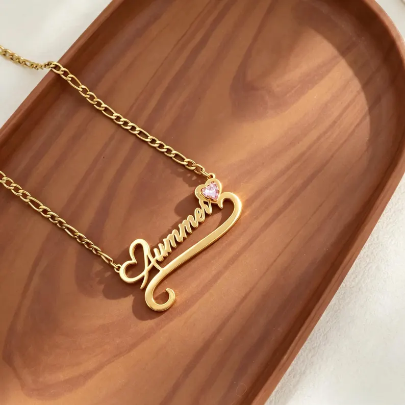 Gold Plated Custom Birthstone Heart Name Necklace