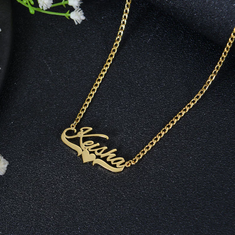 Custom Shiny Bling Nameplate Crown Name Necklace with Heart-silviax
