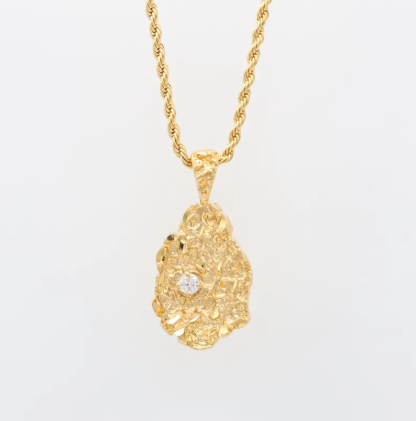 14k Gold Plated Nugget Vintage Charm Pendant CZ Stone Necklace 