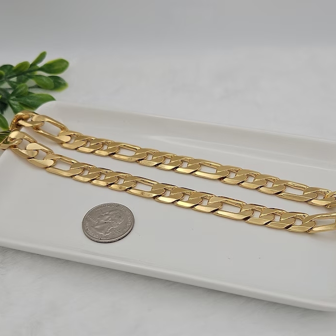 14k Gold Plated Large 12mm Flat Figaro Chain Necklace