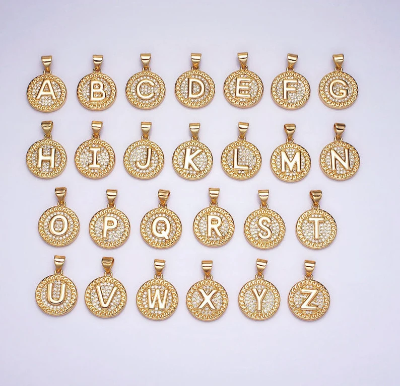 Custom Initial Letter Pendant Necklace Gold Plated Round Initial Necklace with Diamond