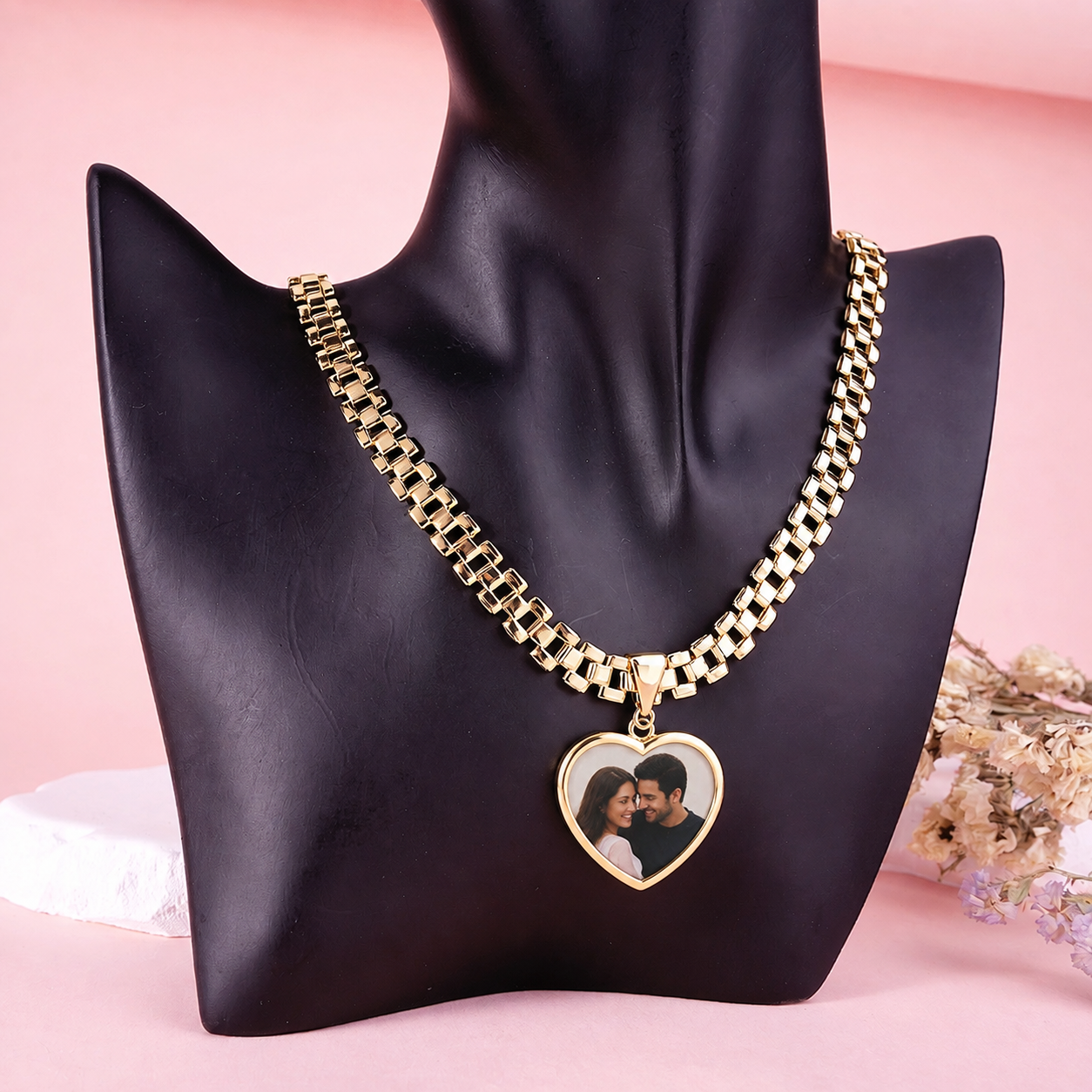 Personalized Love Heart Photo Pendant Gold Plated Custom Photo Necklace with RX Style Chain