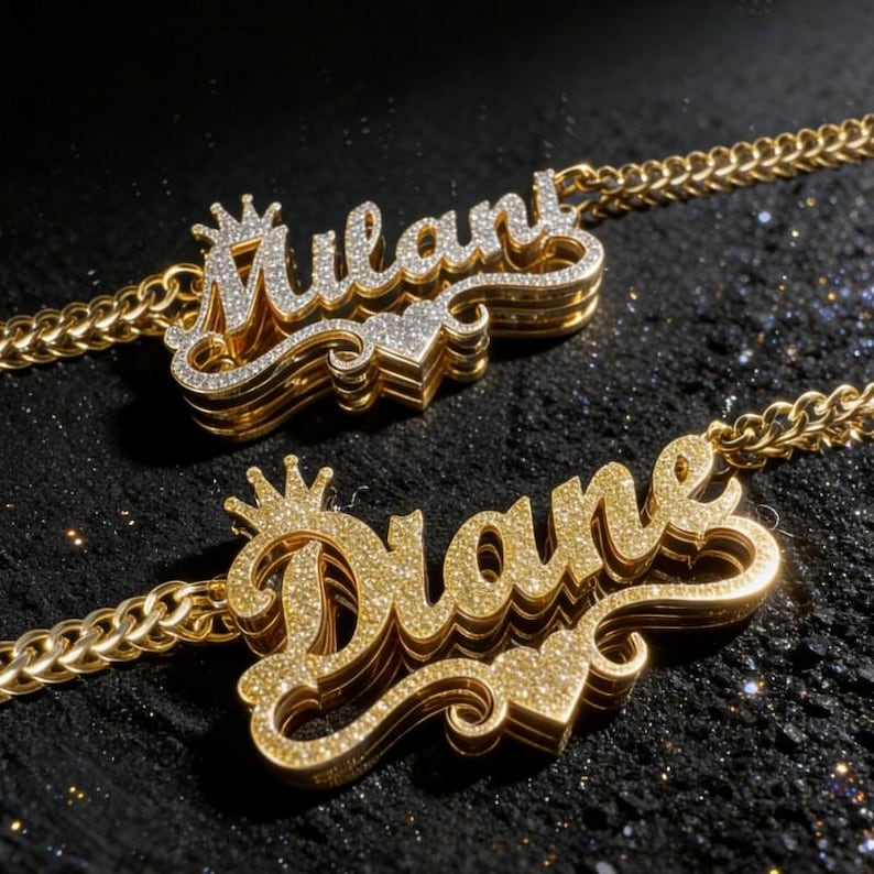 Shiny Bling Crown Nameplate Personalized Custom Double Plated Name Necklace with Heart