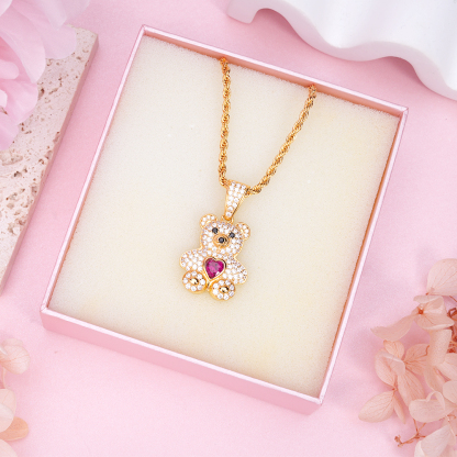 Teddy Bear Pendant Heart Birthstone Personalized Custom Necklace
